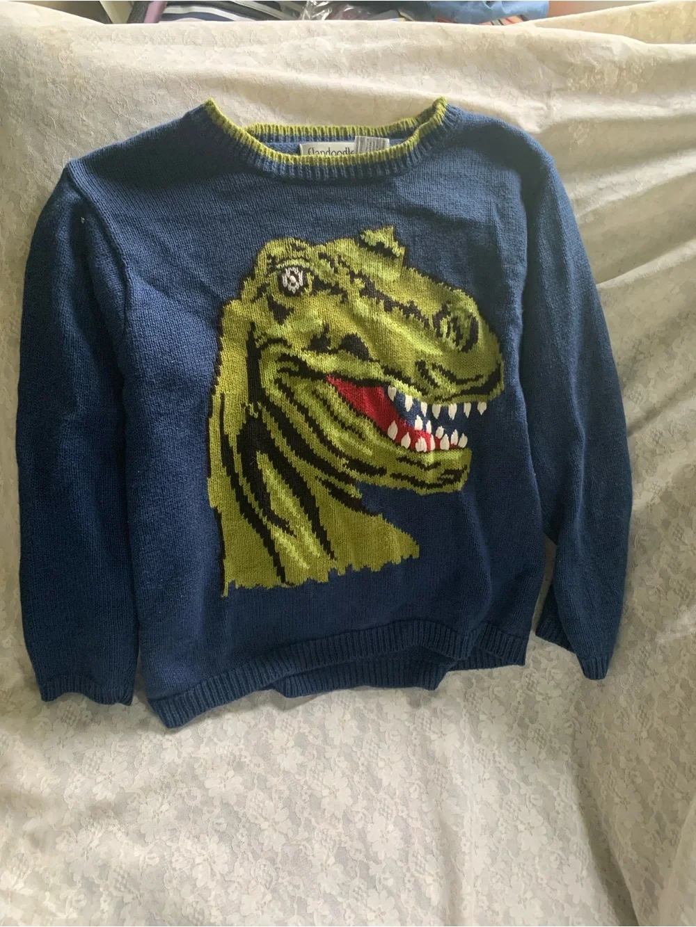 Vintage Flapdoodles Studio Kids 6 Blue Ramie Cotton T-Rex Dinosaur Knit Sweater